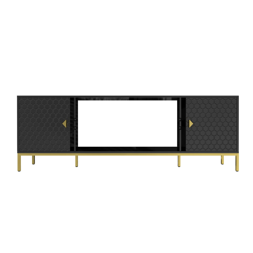 English Elm 70 Electric Fireplace TV Stand with Honeycomb Doors & Gold Legs, Sturdy MDF Console with Adjustable Shelves and Open Storage for Modern Living Room Black 75.6 L x 19.3 W x 5.5 H T3609P332395