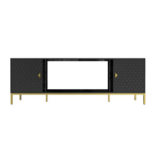 English Elm 70 Electric Fireplace TV Stand with Honeycomb Doors & Gold Legs, Sturdy MDF Console with Adjustable Shelves and Open Storage for Modern Living Room Black 75.6 L x 19.3 W x 5.5 H T3609P332395