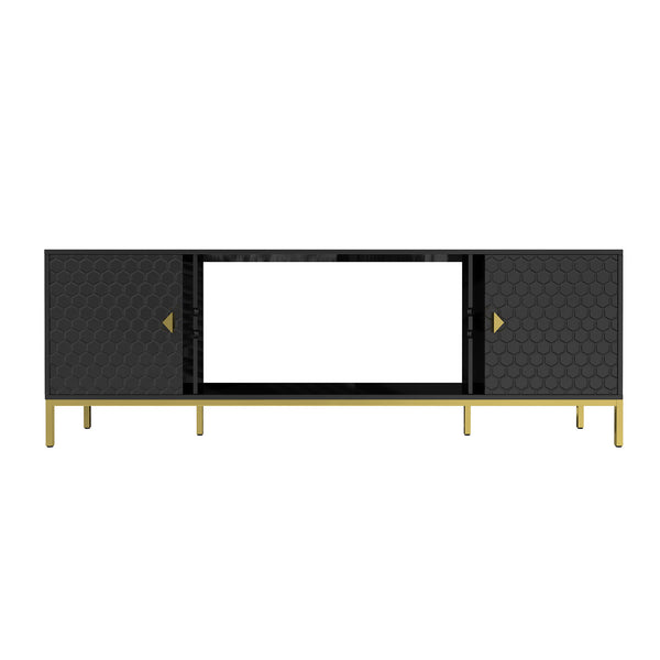English Elm 70 Electric Fireplace TV Stand with Honeycomb Doors & Gold Legs, Sturdy MDF Console with Adjustable Shelves and Open Storage for Modern Living Room Black 75.6 L x 19.3 W x 5.5 H T3609P332395