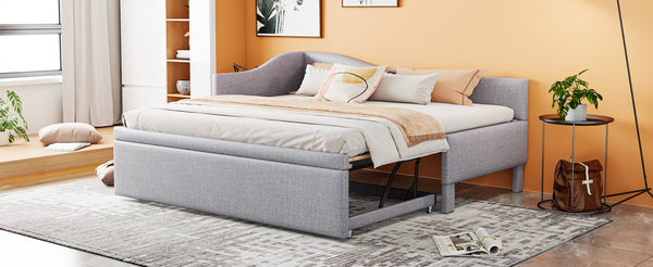 English Elm Twin L-shaped Linen Upholstered Daybed with Hydraulic Pop-up Trundle for Guest Rooms Gray SF000193AAE-1