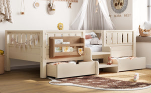 English Elm Twin Kids Storage Bed with Bookshelf Headboard Safety Staircase and Under Drawers Beige W1580P379183