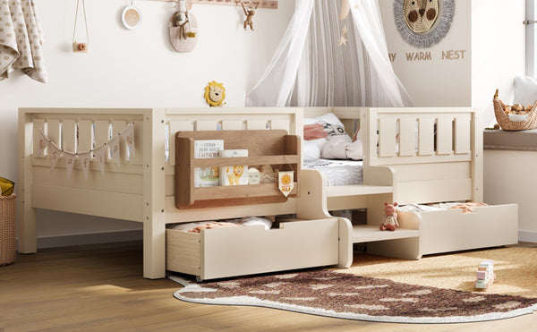 English Elm Twin Kids Storage Bed with Bookshelf Headboard Safety Staircase and Under Drawers Beige W1580P379183