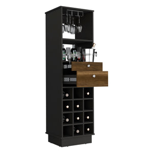 English Elm Classic Bar Cabinet with 12-Bottle Wine Rack, Two Drawers & Shelf, Black/Walnut Modern Storage B200S00100