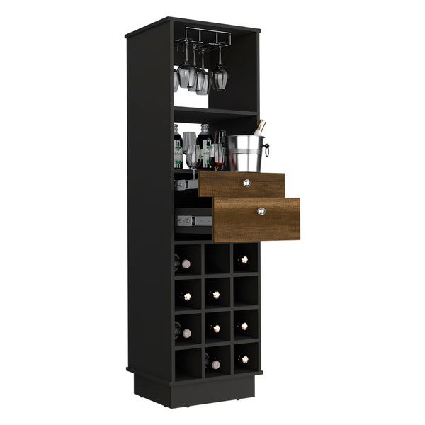 English Elm Classic Bar Cabinet with 12-Bottle Wine Rack, Two Drawers & Shelf, Black/Walnut Modern Storage B200S00100