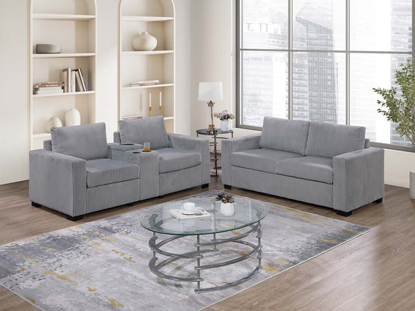English Elm Elegant Wide-Welt Corduroy 2-Piece Sofa Set with Console Charging Station, Cup Holders, Loveseat Light Gray 33 L x 23 W x 36 H B011S01743