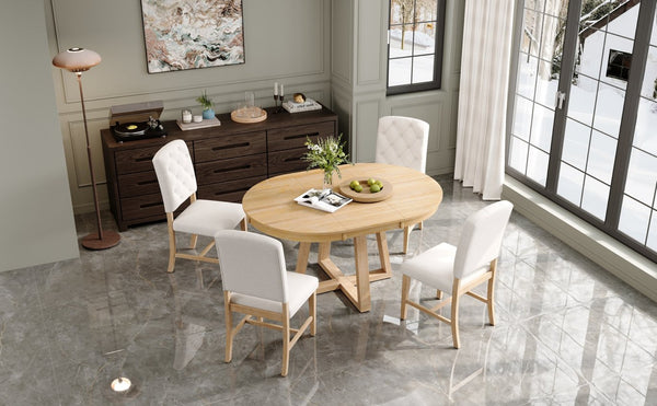 English Elm Trexm Retro 5 Piece Extendable Round Dining Set with Button Tufted Upholstered Chairs Natural ST000094AAN-2026