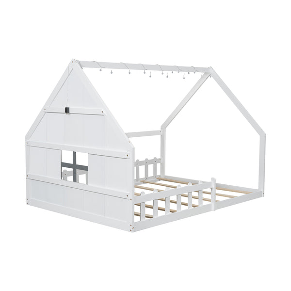 English Elm Full House Bed Frame with Window & Fence Playhouse Design, Sturdy Pine/MDF, Safe 400lb Capacity White N709P215545K