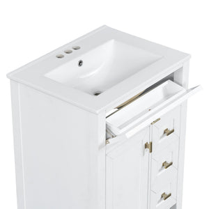 English Elm "24'' 24 Inch Glossy Freestanding Bathroom Vanity with Gold Hardware and Soft Close Storage White Rubberwood N725P448529K