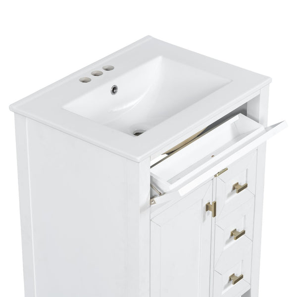 English Elm "24'' 24 Inch Glossy Freestanding Bathroom Vanity with Gold Hardware and Soft Close Storage White Rubberwood N725P448529K