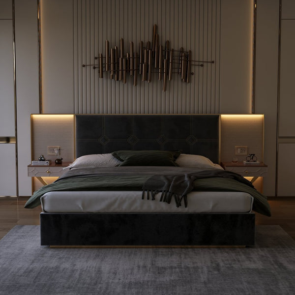 English Elm Luxurious King Velvet Platform Bed with Tufted Headboard Integrated Nightstands Led Lamps W1793S00038