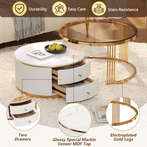 English Elm Modern Round Nesting Coffee Table Set with Gold Pedestal Legs and Storage Drawers Brown,White N735P349323D