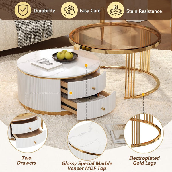 English Elm Modern Round Nesting Coffee Table Set with Gold Pedestal Legs and Storage Drawers Brown,White N735P349323D