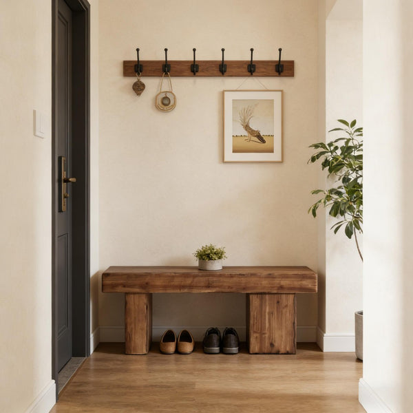 English Elm Hall Entryway Bench Solid Fir Wood Rustic Farmhouse Seat with Asymmetrical Legs T3971P453187