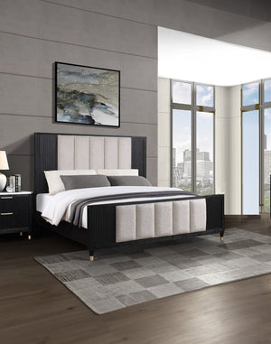 English Elm 1pc Upholstered Panel Queen Bed with Plush Padded Headboard, Sleek Finish, Metal Legs, Modern Flair Beige+White,Black 66 L x 42 W x 7.5 H B011S01386