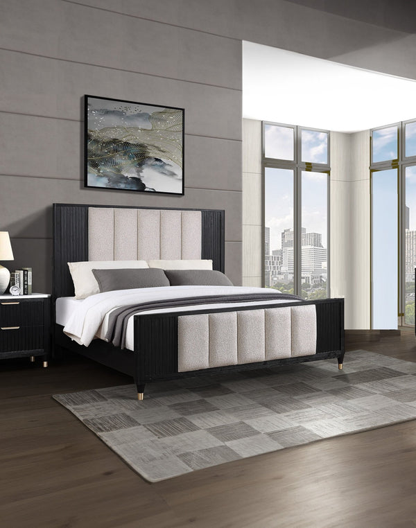 English Elm 1pc Upholstered Panel Queen Bed with Plush Padded Headboard, Sleek Finish, Metal Legs, Modern Flair Beige+White,Black 66 L x 42 W x 7.5 H B011S01386