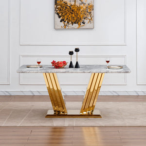 English Elm Marble Dining Table For 6 – Modern Faux Marble Kitchen Table With Chrome Base, Stylish & Durable Design W3456S00020