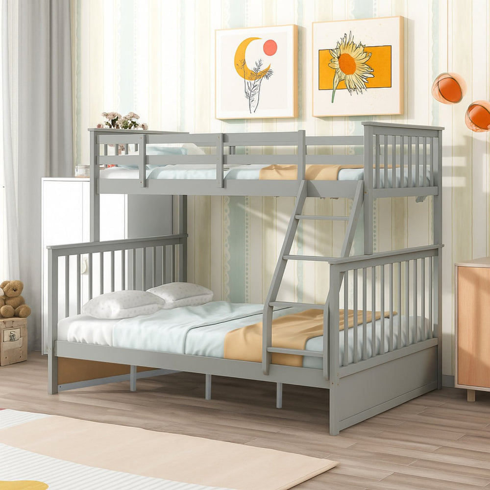 English Elm Twin Solid Pine Over Full Bunk Bed Gray with Ladder, Full-Length Guardrail, Sturdy Frame, Safe Design W495S00011