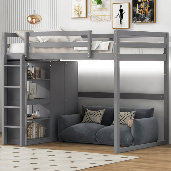 English Elm Wood Full Size Loft Bed with Built-in Wardrobe, 4-Tier Storage Shelves, LED Light, Pine MDF Durable Gray GX000463AAE