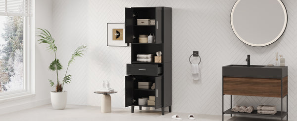 English Elm 70.9" High Freestanding Tall Bathroom Cabinet with Soft-Close Doors, Drawer & Adjustable Shelves for Organized Living Black N729P272001B