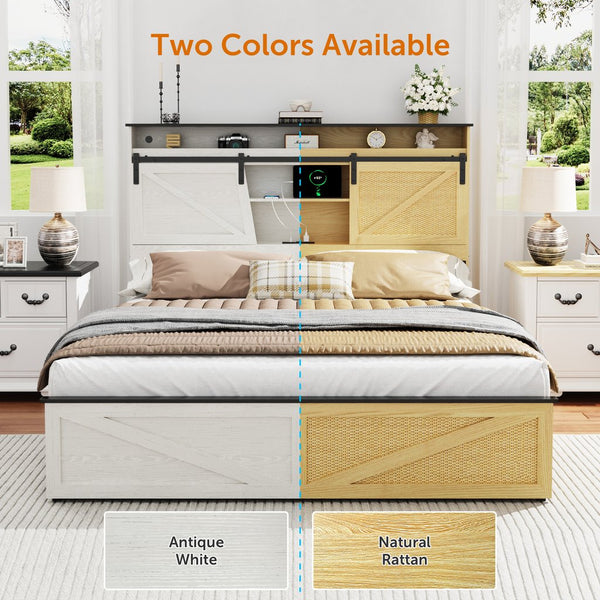 English Elm Farmhouse Queen Size Bed Frame With Storage, Charging Station, Led Lights & Underbed Drawers, White W1550P343686