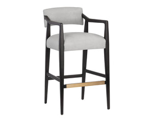 Sunpan Keagan Bar Stool - Mid-Century Design with Dark Brown Oak Frame and Artisan Leather Craftsmanship Saloon Light Grey Leather