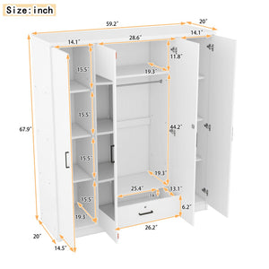English Elm 4-door Mirrored Wardrobe White Mdf Armoire with Interior Shelves and Lockable Drawer LP006602AAK