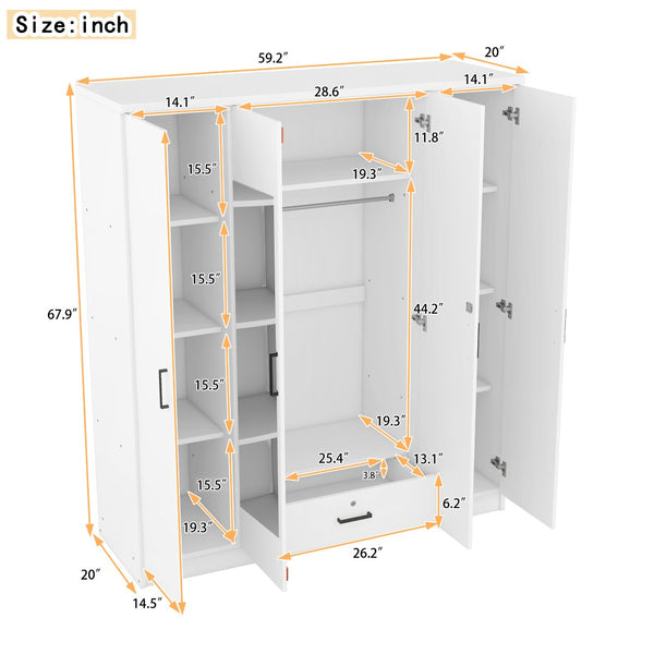 English Elm 4-door Mirrored Wardrobe White Mdf Armoire with Interior Shelves and Lockable Drawer LP006602AAK