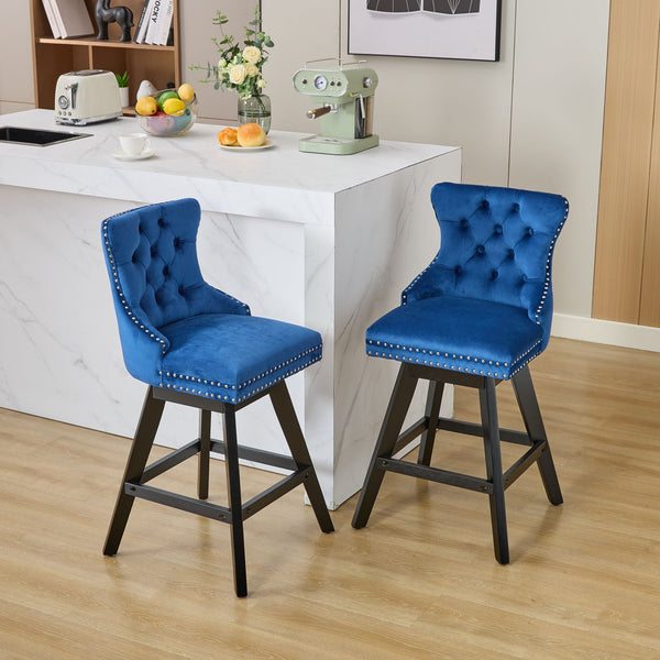 English Elm Swivel Velvet Barstools with Tufted Button Back, 360° Rotate, Plush Foam & Rubberwood Frame Blue W1143P241331