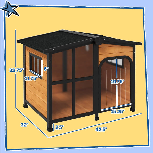 English Elm Pawhut Cabin Style Wooden Outdoor Dog House with Asphalt Roof and Openable Top W2225P249729
