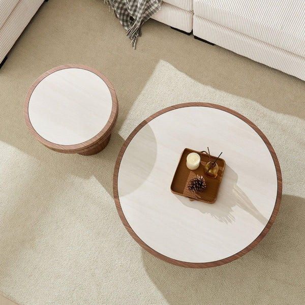 English Elm 35.43 Inch Round Sintered Stone Coffee Table with Mdf Pedestal Base for Modern Living W876S00352
