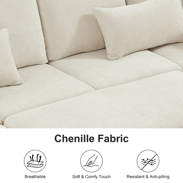 English Elm 97 Inch L-shaped Chenille Sectional Sofa with Sleeper Storage Ottoman 7 Seats Beige W1669S00017