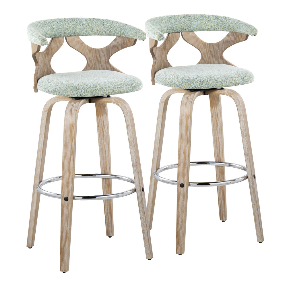 English Elm Gardenia 30" Contemporary Barstool Set of 2 — Swivel Seafoam Fabric, Whitewashed Wood, Chrome Footrest B202S00579