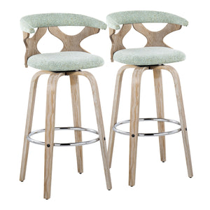 English Elm Gardenia 30" Contemporary Barstool Set of 2 — Swivel Seafoam Fabric, Whitewashed Wood, Chrome Footrest B202S00579