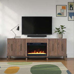 English Elm Tranquility Walnut Fireplace Tv Stand with Mid-century Legs Fits Tvs up to 90 Inches B108P411438