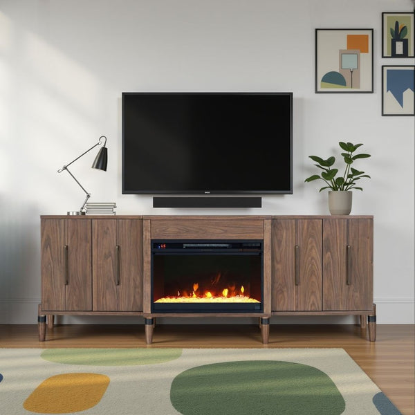 English Elm Tranquility Walnut Fireplace Tv Stand with Mid-century Legs Fits Tvs up to 90 Inches B108P411438