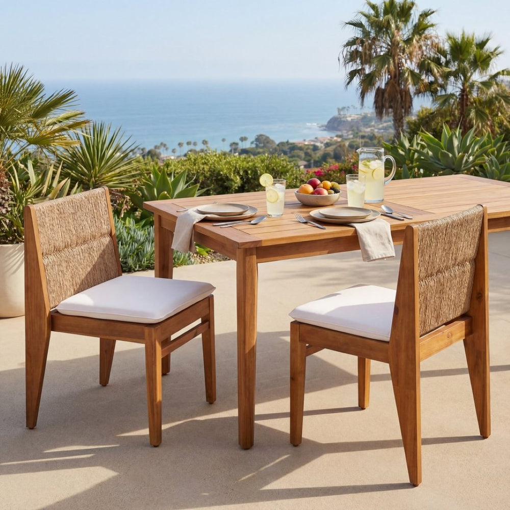 English Elm Acacia Hardwood Outdoor Dining Chairs with Wicker Detail and Cushions Set of 2 N772P384695T