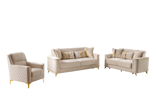 English Elm Lisa 3 Piece Upholstered Living Room Set with Quilted Back and Gold Leg Accents B009S02228
