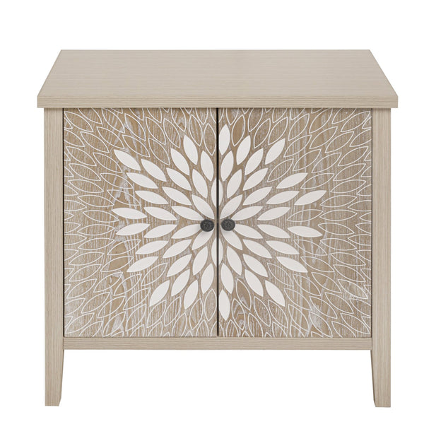 English Elm 2-Door Carved Storage Cabinet with Floral Handle, Adjustable Shelf, Anti-Tip Safety, Slim Design Natural W688P232767