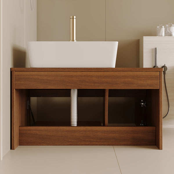 English Elm 31.5 Modern Floating Bathroom Vanity with Vessel Sink, Walnut Finish, Drawer Storage & Bracket Included White+Walnut W3136S00021