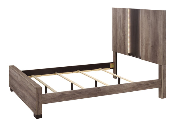 English Elm Contemporary Queen Panel Bed with LED Lighted Headboard, Distressed Textured Wood Finish, Stylish Durable Craftsmanship beige brown,Gray 81.6 L x 49 W x 7 H B011S01503
