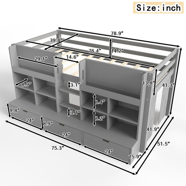 English Elm Full Bunk Bed with Trundle Bookshelf Storage Pine Frame Car Design for Kids W1580S00398