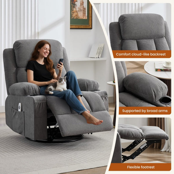 English Elm Swivel Rocker Recliner with Massage Heat and Usb Port for Living Room Comfort W1521P429639