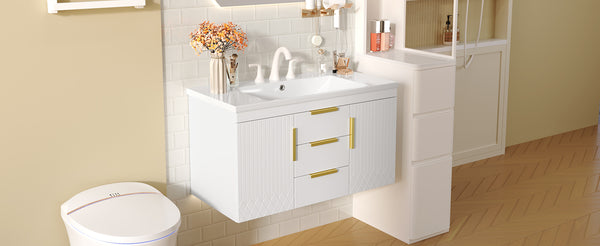 English Elm 36'' Wall Mounted Bathroom Vanity with Sink, Floating MDF Cabinet, 2 Drawers, Rust-Resistant Handles White N710P253035K