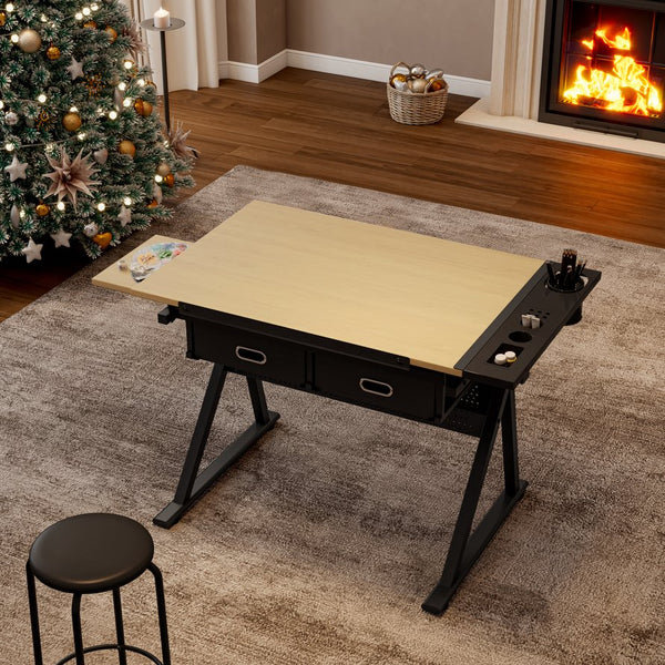 English Elm adjustable drafting table with tilting MDF top, 2 large fabric drawers, adjustable height stool included Maple W347P392764