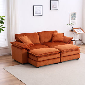 English Elm Corduroy Plush 2-Seat Sofa with 2 Back Cushions, Toss Pillows & Ottomans — Deep Seat Comfort Orange W2363S00066
