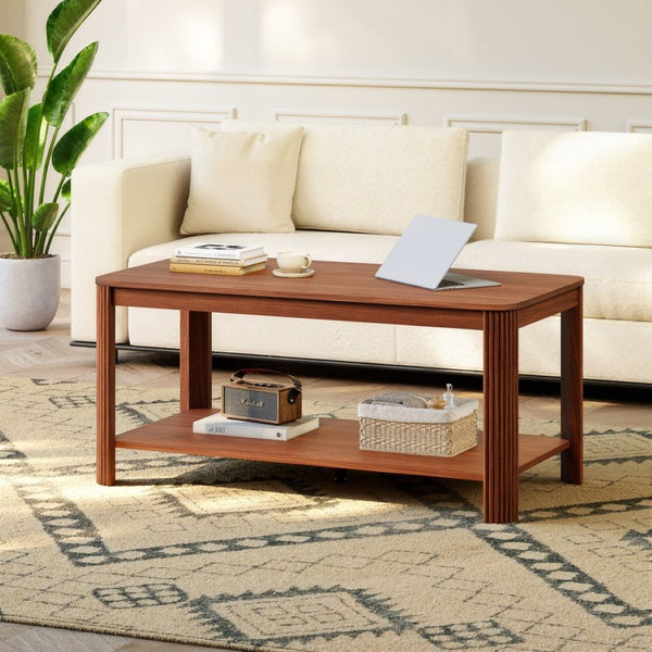English Elm Arc Corner Oak Coffee Table with Open Shelf Wave Grain Legs Modern Living Room Accent W5563P449954