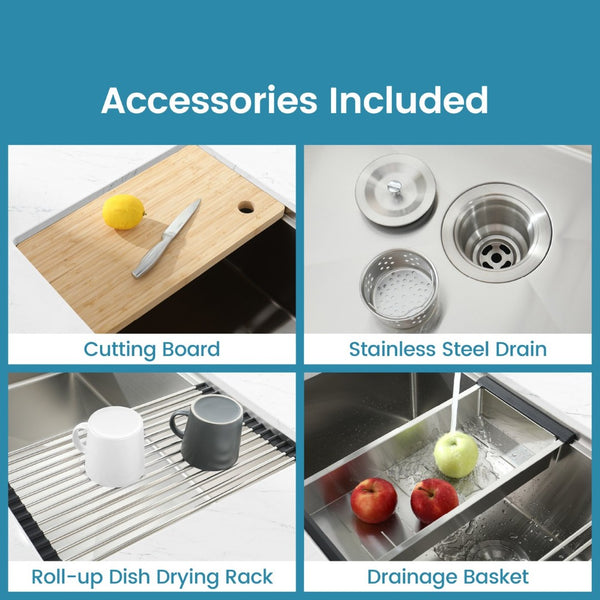 English Elm Stainless Steel Undermount Kitchen Sink Handmade Single Bowl with Colander Board T3177P296192