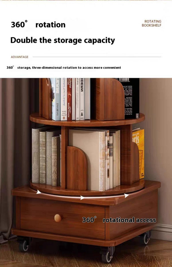 English Elm (UPGRADED) Rotating Bookshelf 360° Corner Organizer – 6-Tier Space-Saving Wood Rack with Wheels W2641P326058