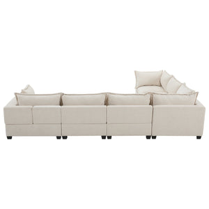 English Elm 118'' Modular Sectional Sofa with Movable Storage Ottoman, 7-Seat U-Shaped Chenille Couch for Cozy Living Off White N723S8893A