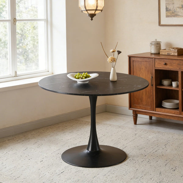 English Elm 42.1" Round Marble Look Pedestal Dining Table Mid Century Modern Seats Six Black W234P453954